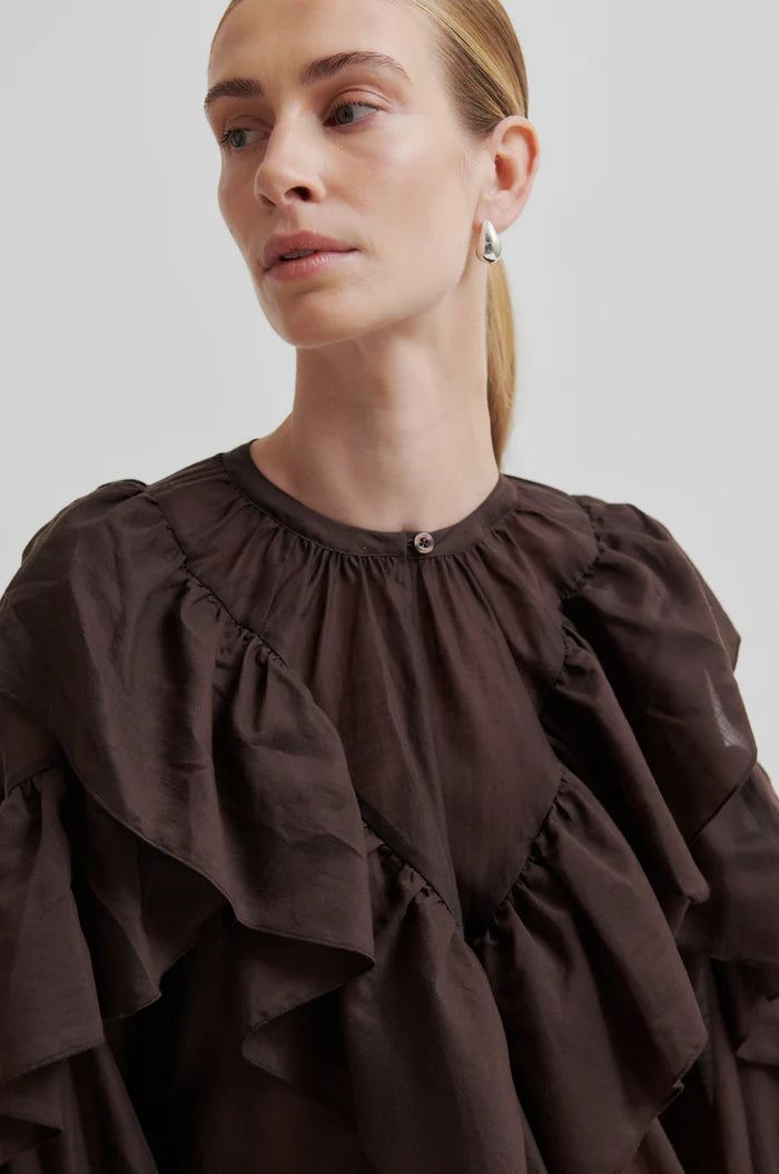 SECOND FEMALE FRIA FRILL BLOUSE CHOCOLATE PLUM