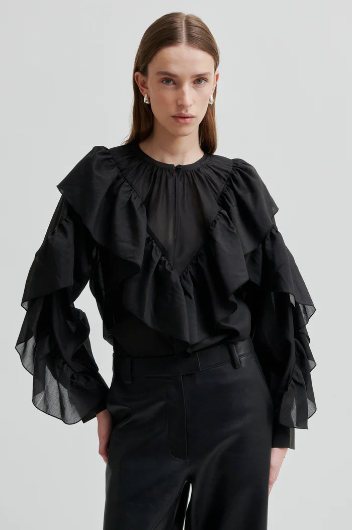 SECOND FEMALE FRIA FRILL BLOUSE ZWART