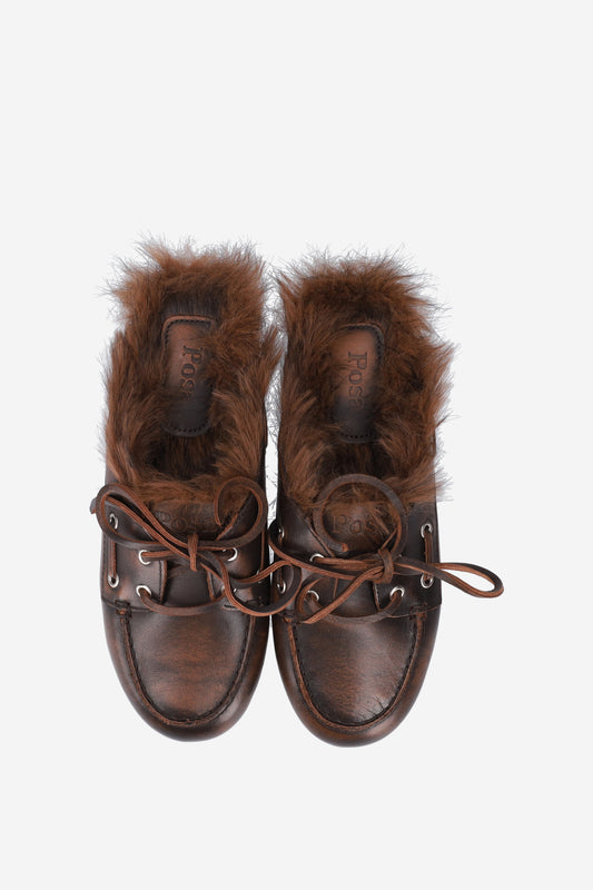 POSA FUR HAIRY LEATHER LOAFER MULES COFFEE