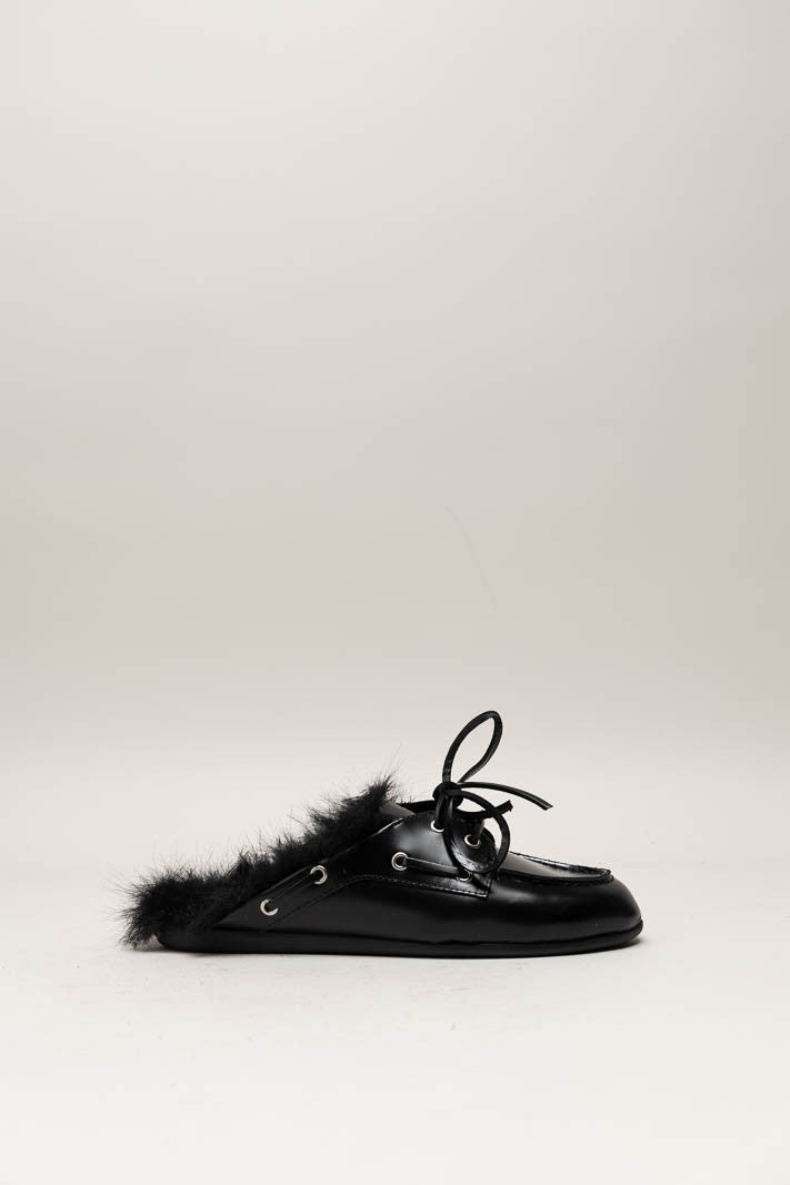 POSA FUR HAIRY LEATHER LOAFER MULES BLACK