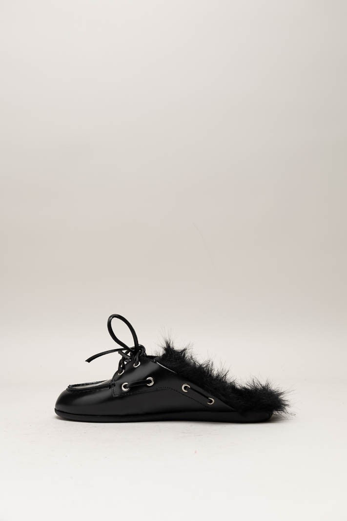 POSA FUR HAIRY LEATHER LOAFER MULES BLACK