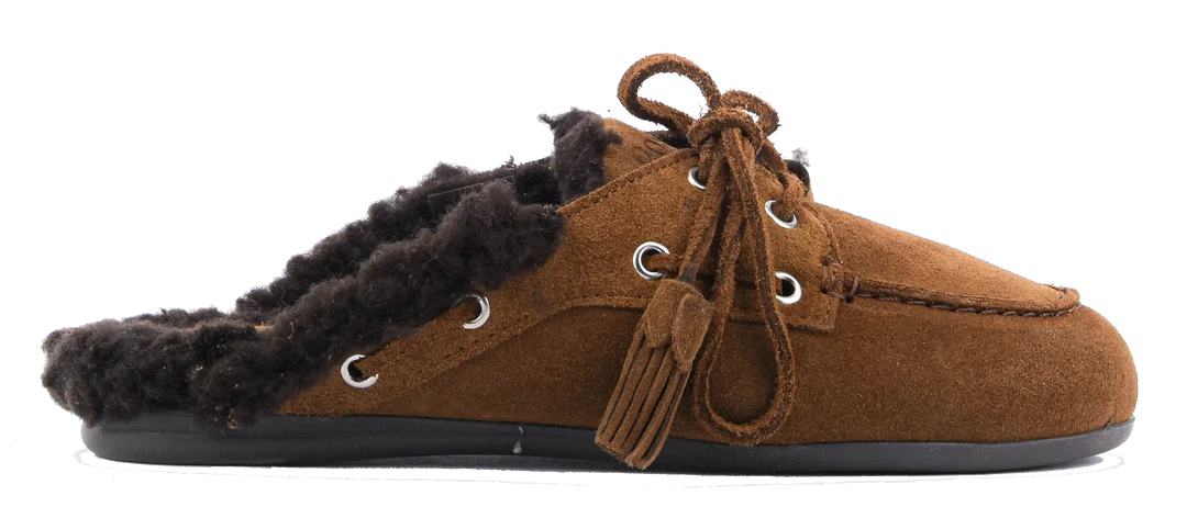 POSA FUR SUEDE BOAT LOAFER MULES TABACCO