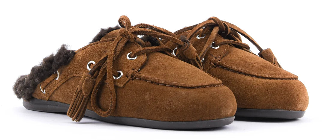 POSA FUR SUEDE BOAT LOAFER MULES TABACCO