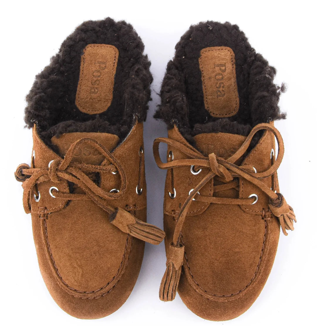 POSA FUR SUEDE BOAT LOAFER MULES TABACCO