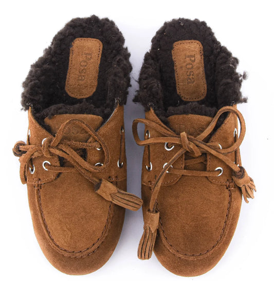 POSA FUR SUEDE BOAT LOAFER MULES TABACCO
