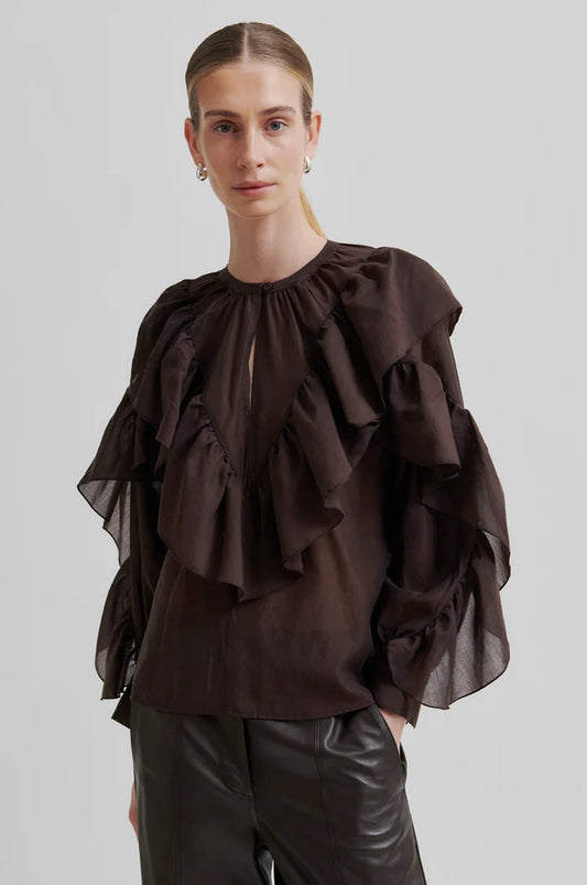 SECOND FEMALE FRIA FRILL BLOUSE CHOCOLATE PLUM