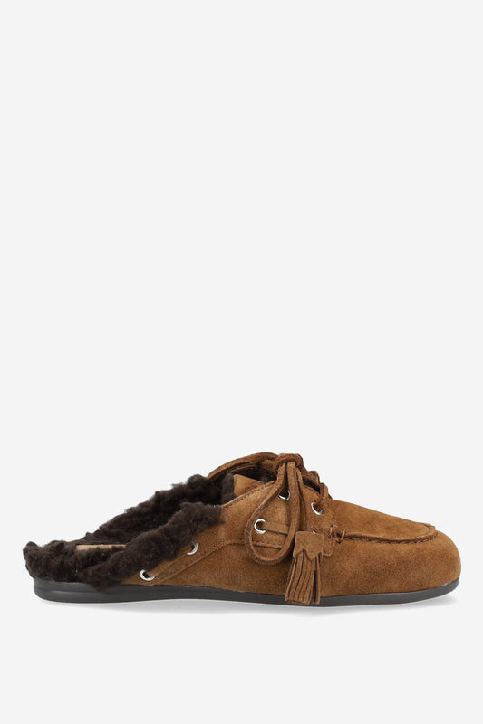 POSA FUR SUEDE BOAT LOAFER MULES TABACCO