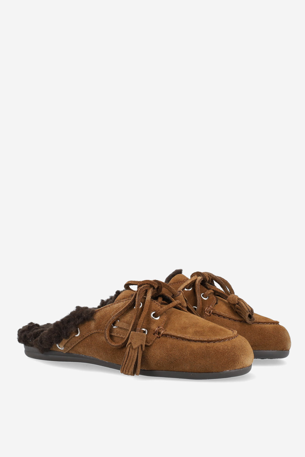 POSA FUR SUEDE BOAT LOAFER MULES TABACCO