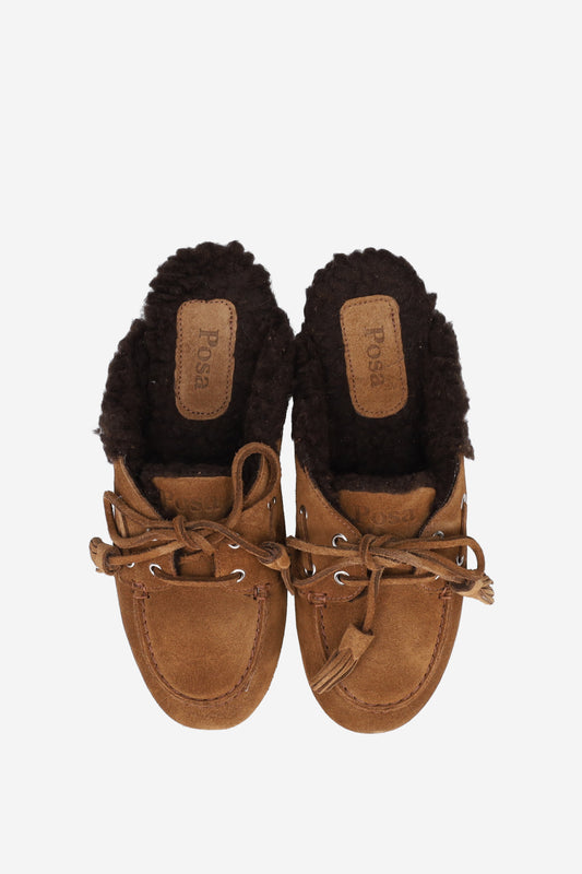 POSA FUR SUEDE BOAT LOAFER MULES TABACCO