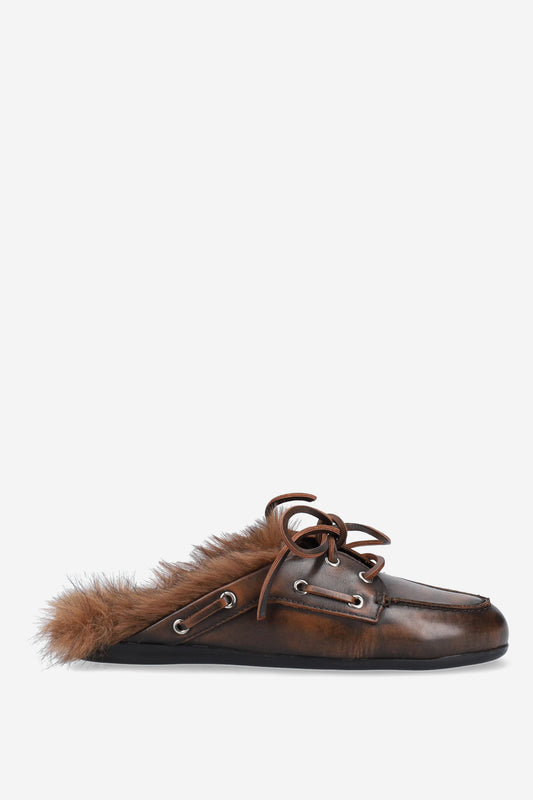 POSA FUR HAIRY LEATHER LOAFER MULES COFFEE