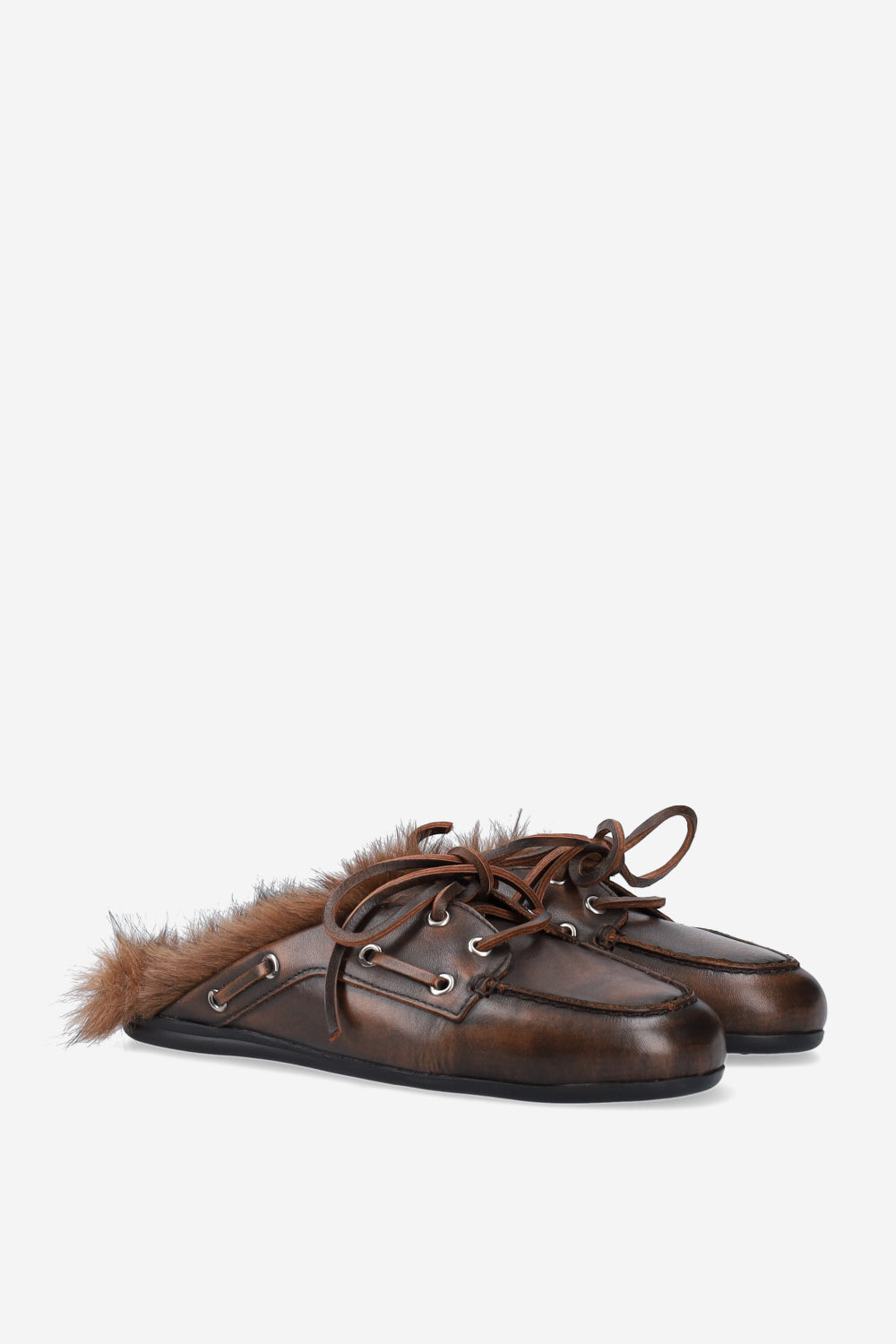 POSA FUR HAIRY LEATHER LOAFER MULES COFFEE