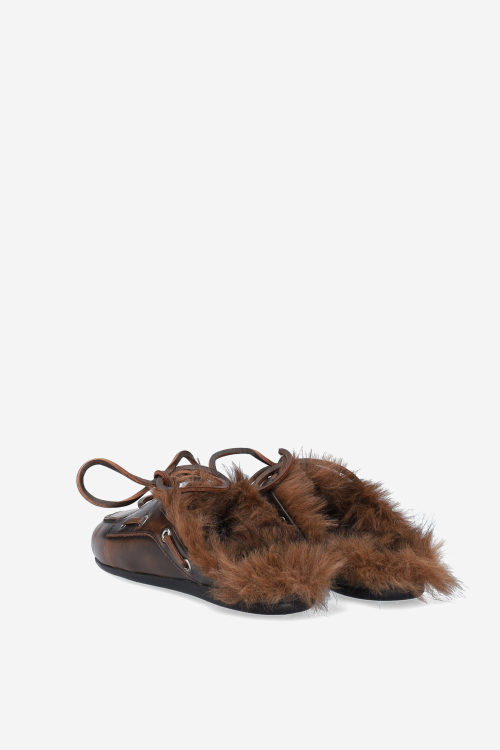 POSA FUR HAIRY LEATHER LOAFER MULES COFFEE