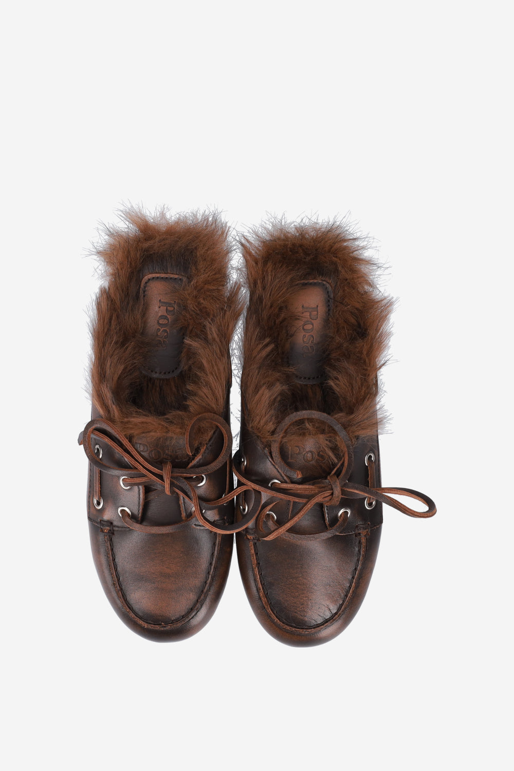 POSA FUR HAIRY LEATHER LOAFER MULES COFFEE