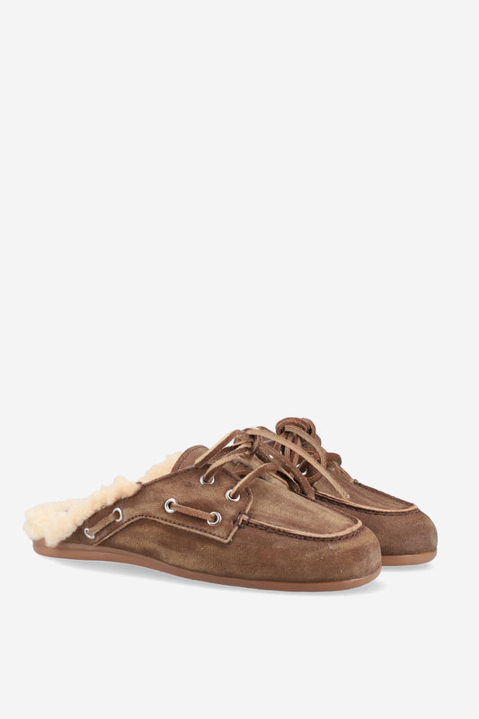 POSA FUR BOAT LOAFER MULES DARK BROWN
