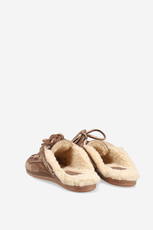 POSA FUR BOAT LOAFER MULES DARK BROWN