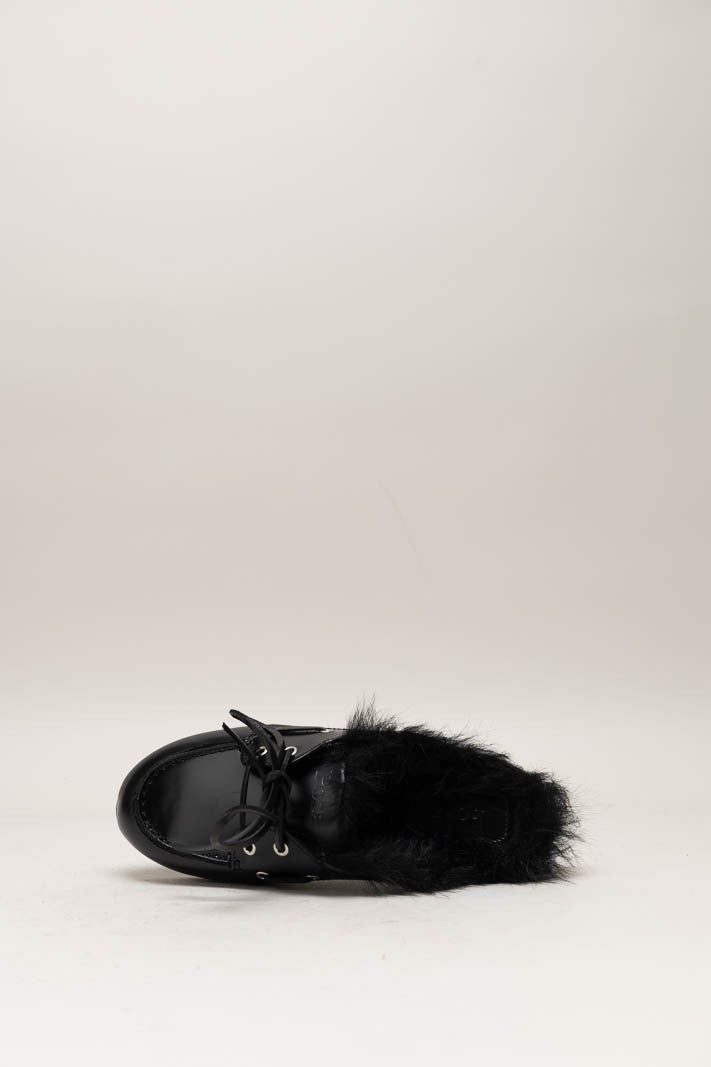 POSA FUR HAIRY LEATHER LOAFER MULES BLACK
