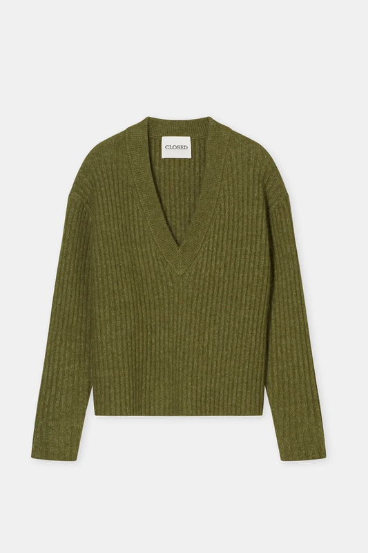 CLOSED WOL EN ALPACA V-HALS TRUI PISTACHIO