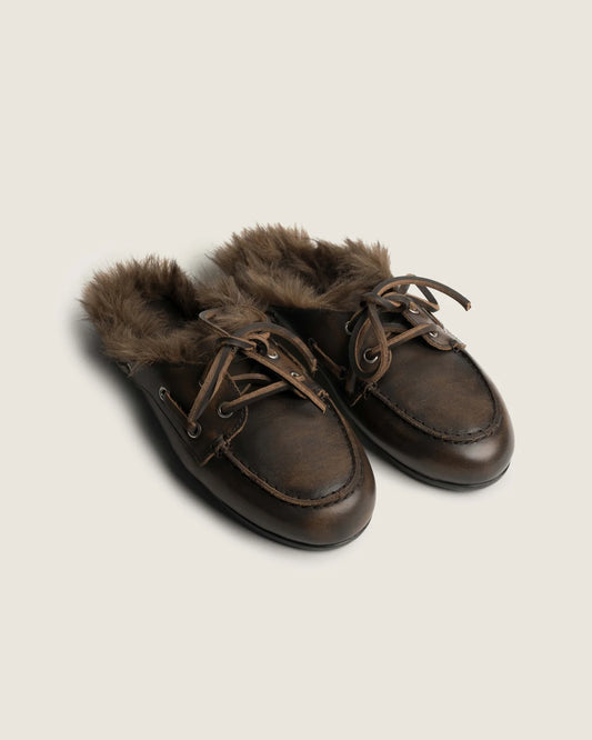 POSA FUR HAIRY LEATHER LOAFER MULES COFFEE - S. LABELS