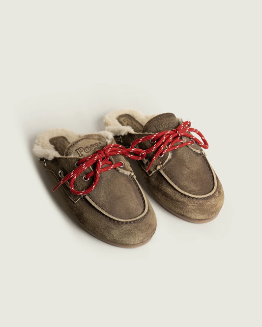 POSA FUR SUEDE BOAT LOAFER MULES DARK BROWN - S. LABELS