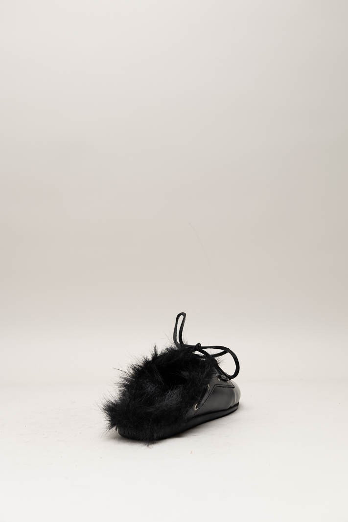 POSA FUR HAIRY LEATHER LOAFER MULES BLACK