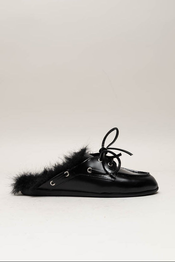 POSA FUR HAIRY LEATHER LOAFER MULES BLACK