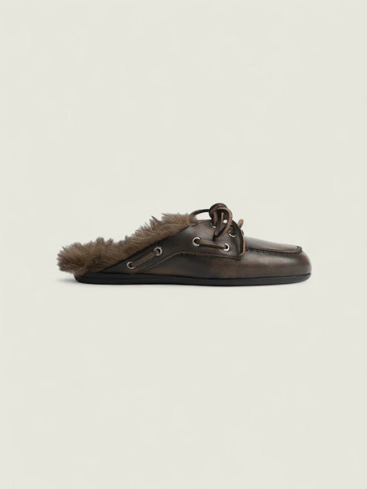 POSA FUR HAIRY LEATHER LOAFER MULES COFFEE - S. LABELS